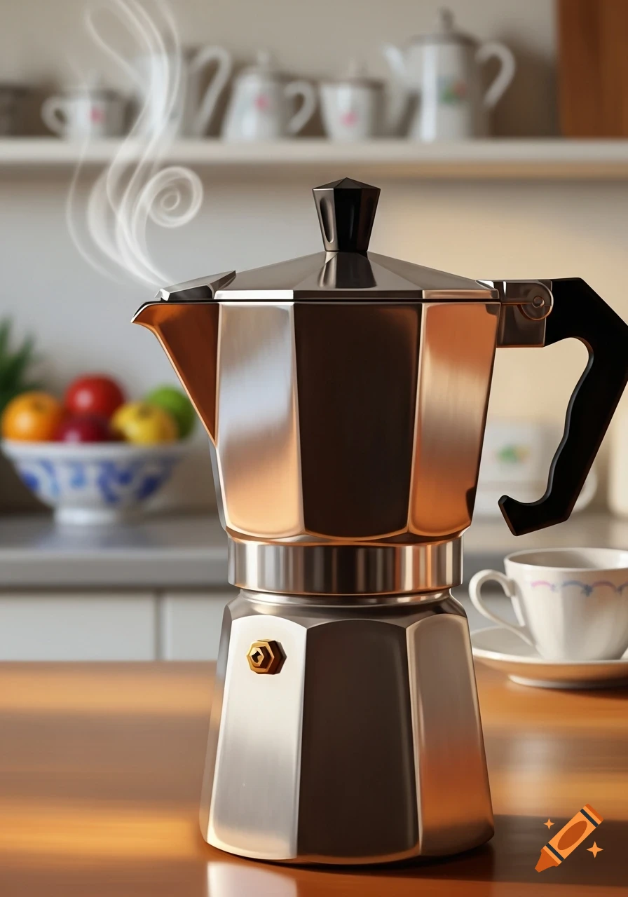 A close-up painting of a steaming silver Moka pot coffee maker on a wooden table in a kitchen.