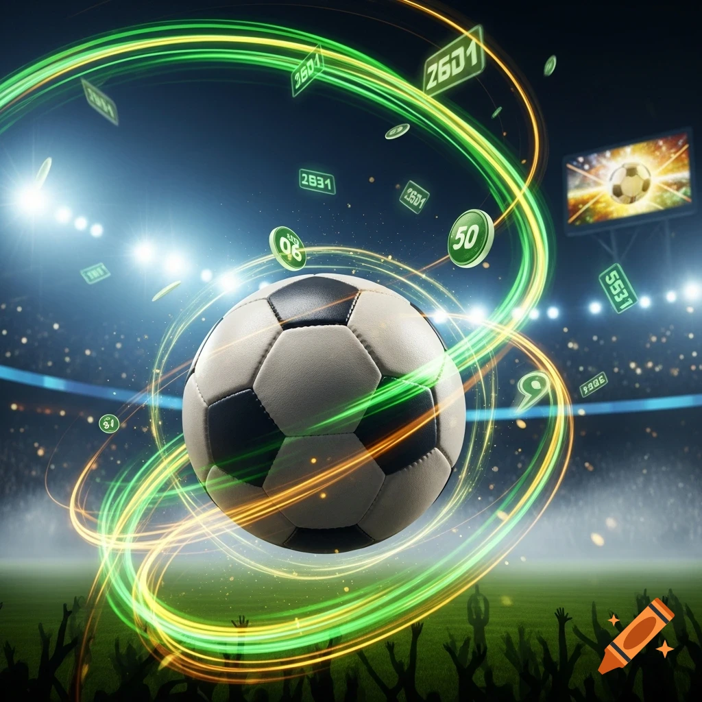 A photorealistic soccer ball surrounded by glowing green and yellow energy rings and floating numerical betting odds in a stadium.