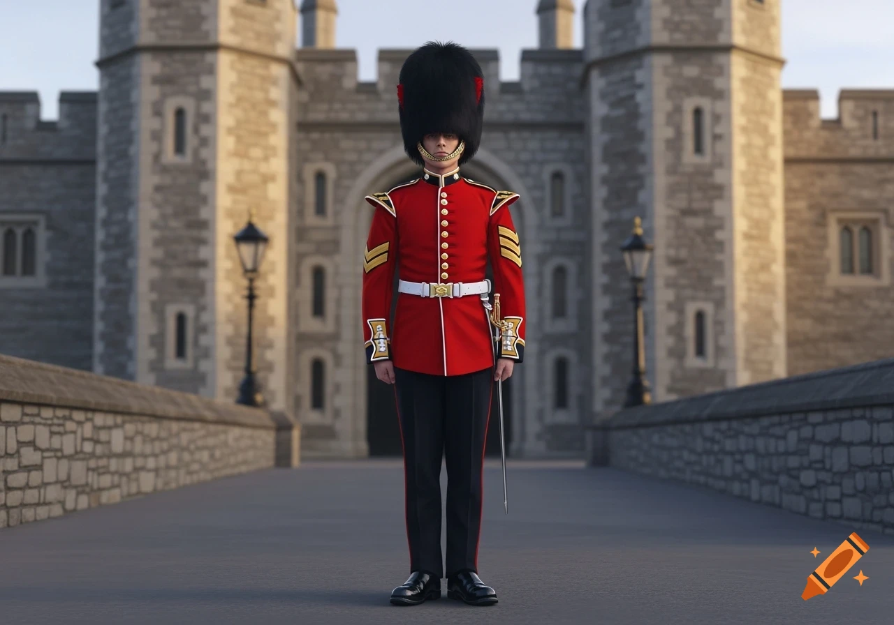 A Welsh Guard in traditional red uniform and bearskin hat stands at attention on a bridge in front of a stone castle.