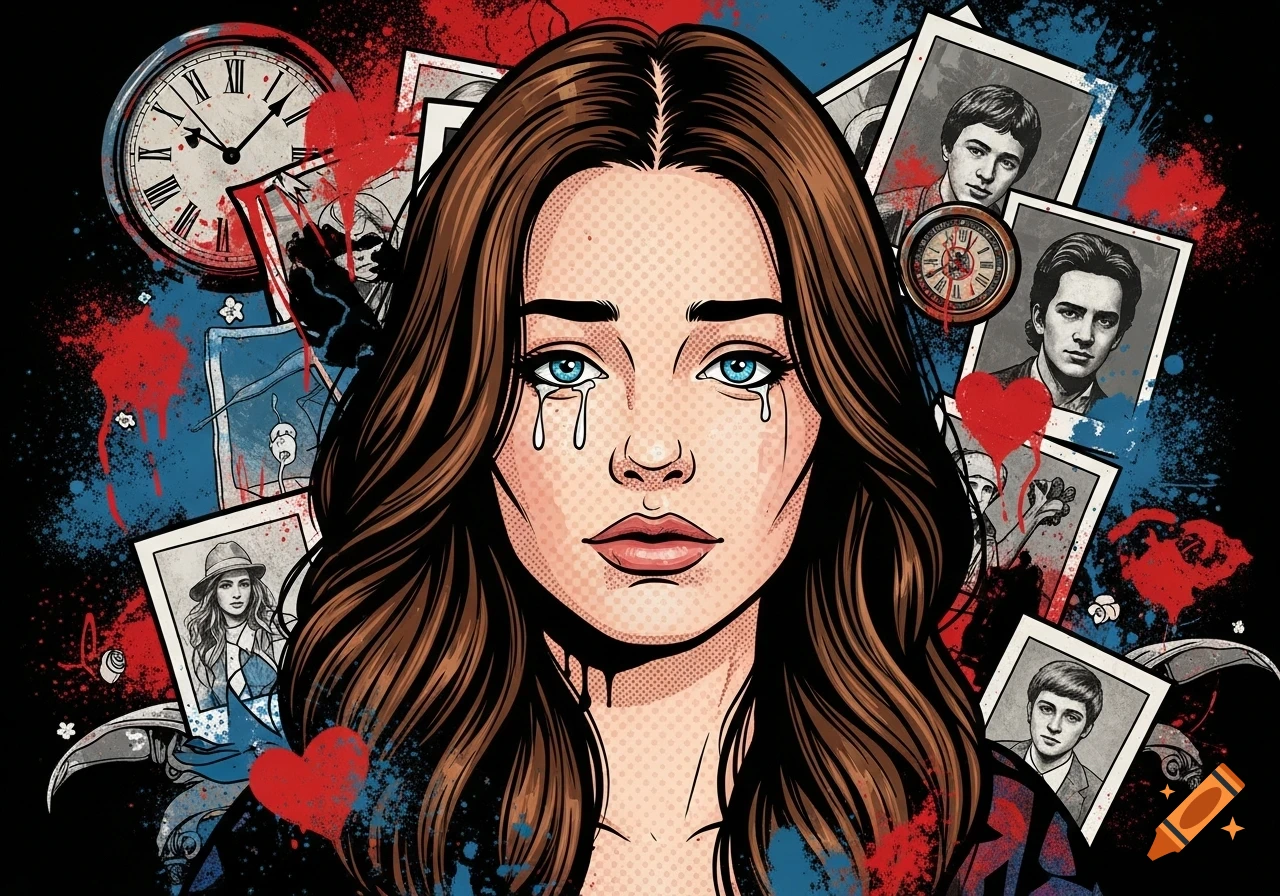 Pop art portrait of a crying woman with blue eyes and long brown hair, surrounded by old photos, clocks, and red and blue paint splatters.