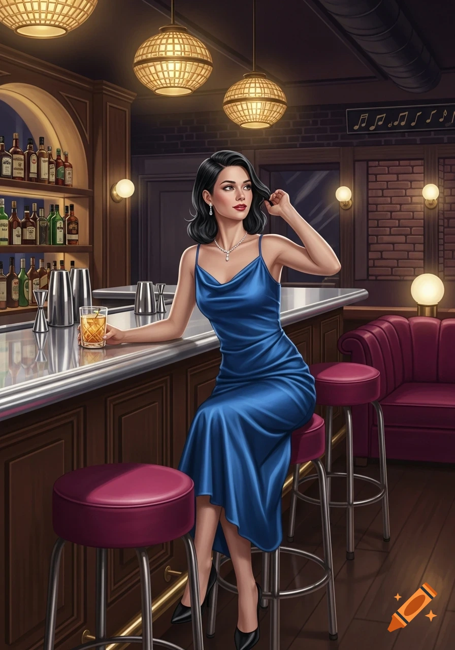 Elegant woman in a blue dress sits at a bar desk with a drink, in an illustrated style.