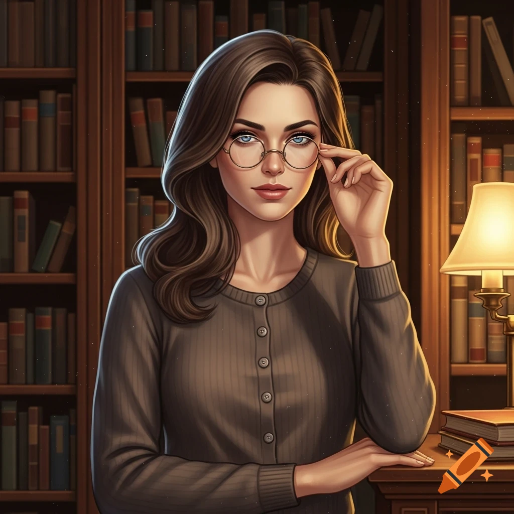 A digital illustration of a light brunette woman with blue eyes and ...
