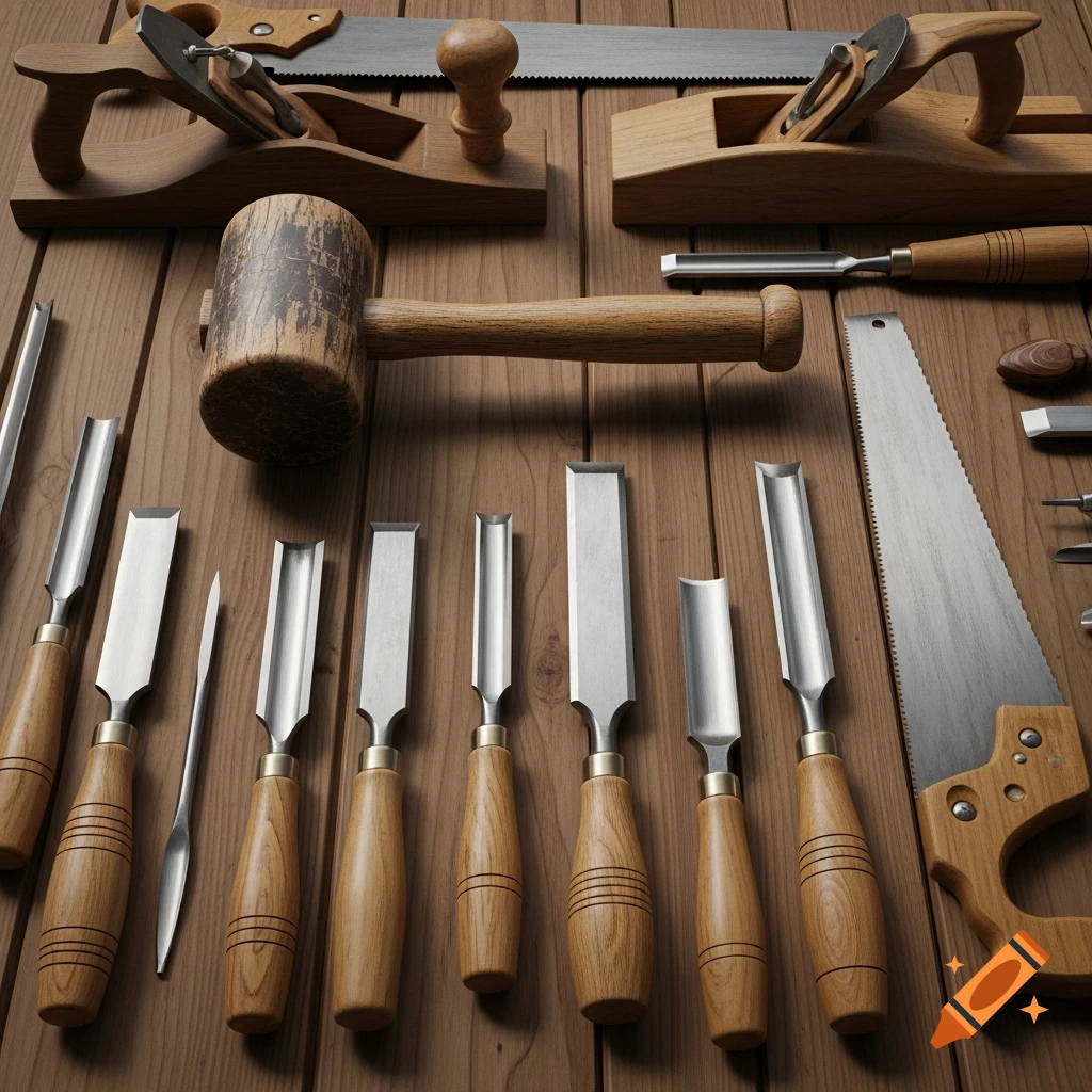 A photorealistic knolling of diverse woodworking tools including chisels, saws, planes, and a mallet, laid on a wooden surface.