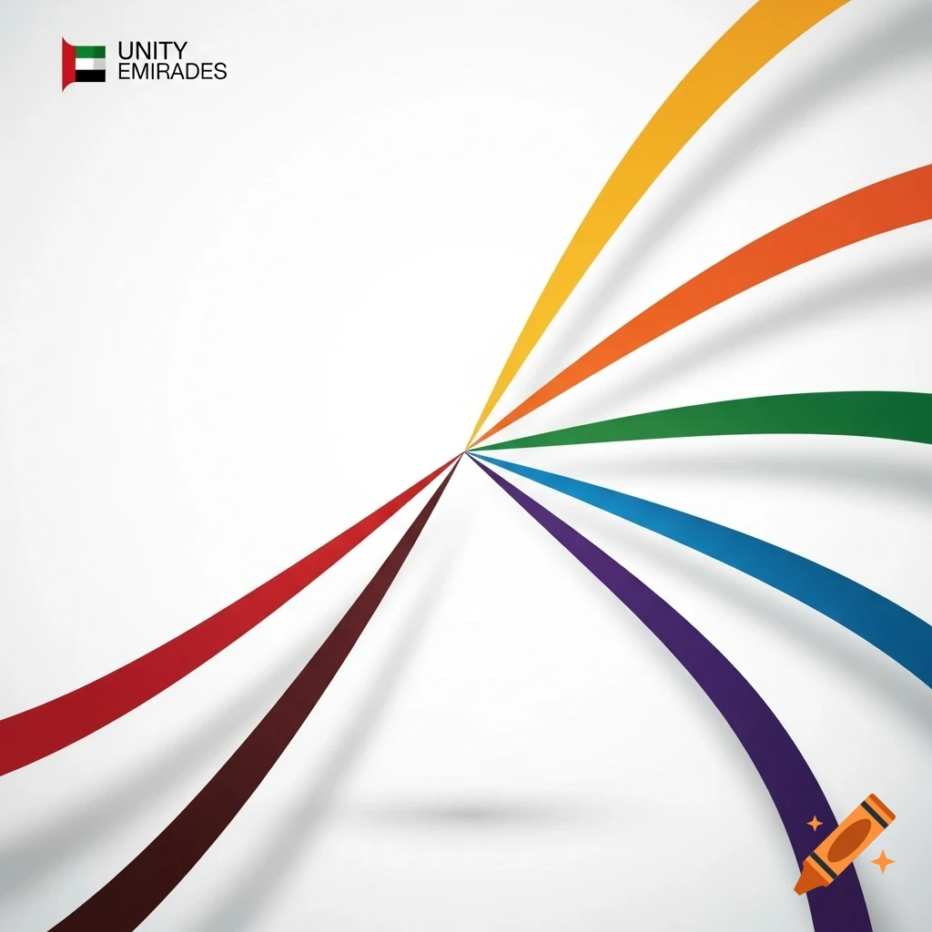 Abstract graphic design with colorful curved lines converging, a UAE flag, and 'UNITY EMIRADES' text on a white background.