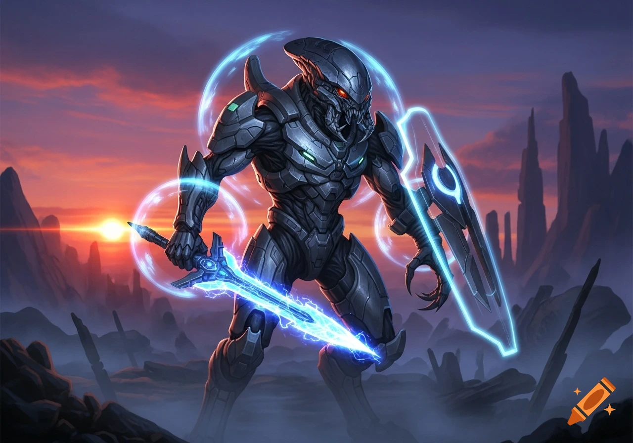 A heavily armored alien warrior, resembling a Halo Elite, holds a glowing blue energy sword and shield at sunset.