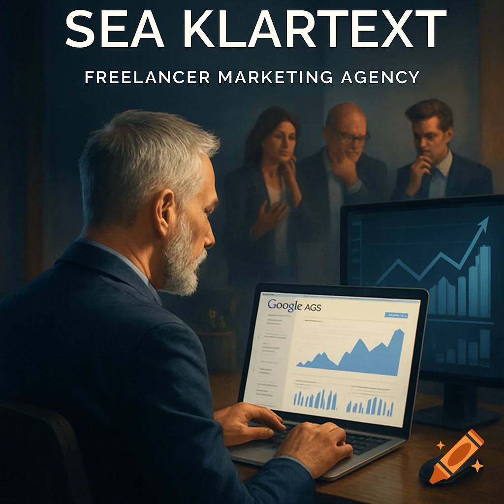An experienced man with a gray beard works on a laptop showing Google analytics data, while three concerned business people watch in the background. The text "SEA KLARTEXT FREELANCER MARKETING AGENCY" is at the top.
