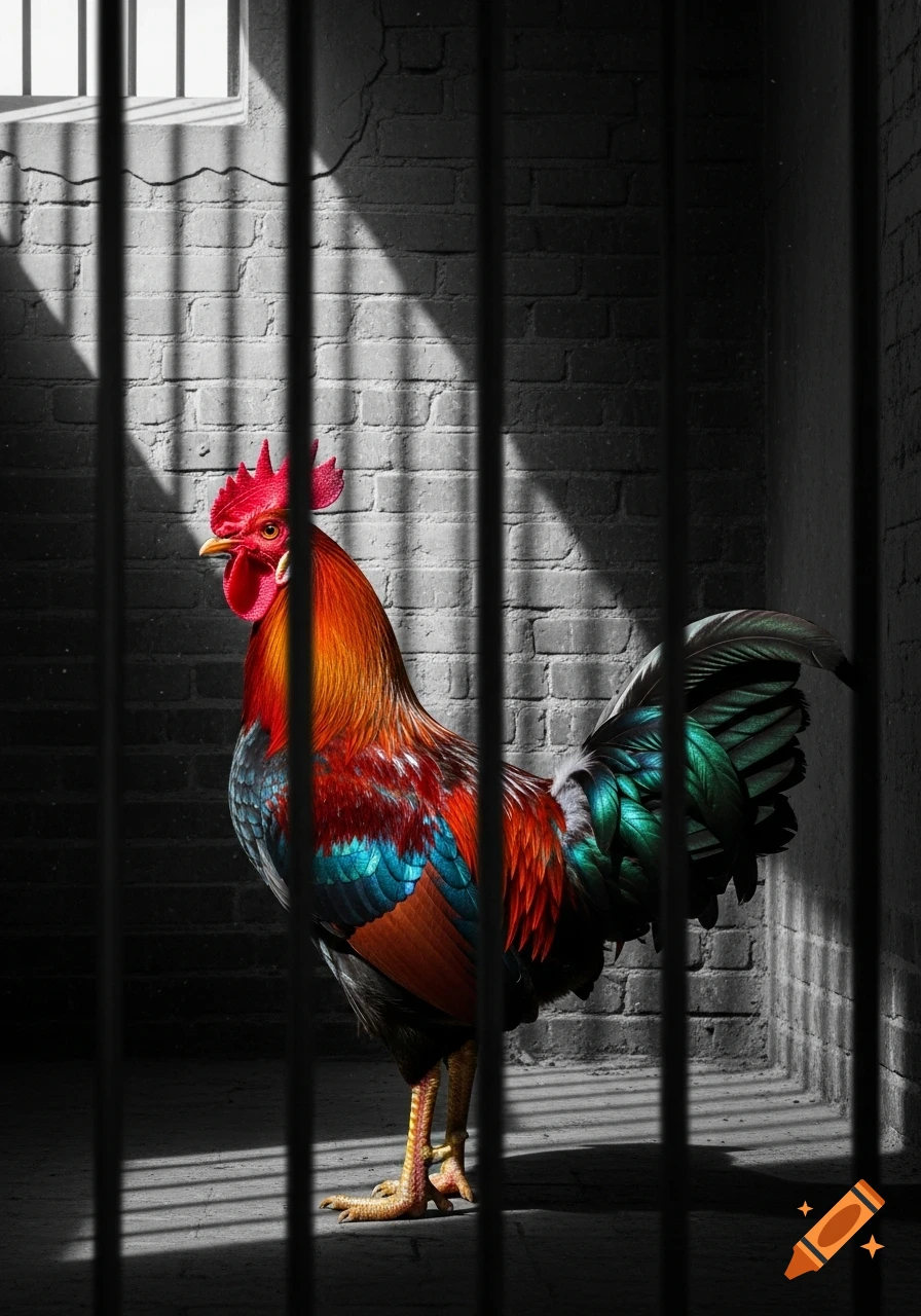 Vibrant rooster in rich colors standing behind dark prison bars against a grayscale brick wall.