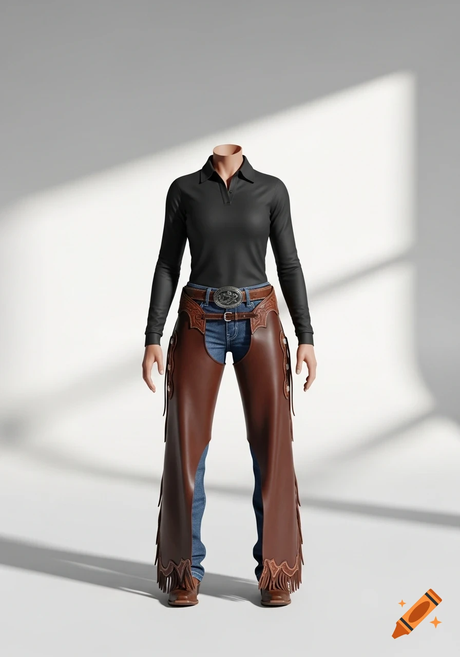 A headless figure in a black long-sleeved shirt, blue jeans, brown leather chaps, and cowboy boots stands in a studio.