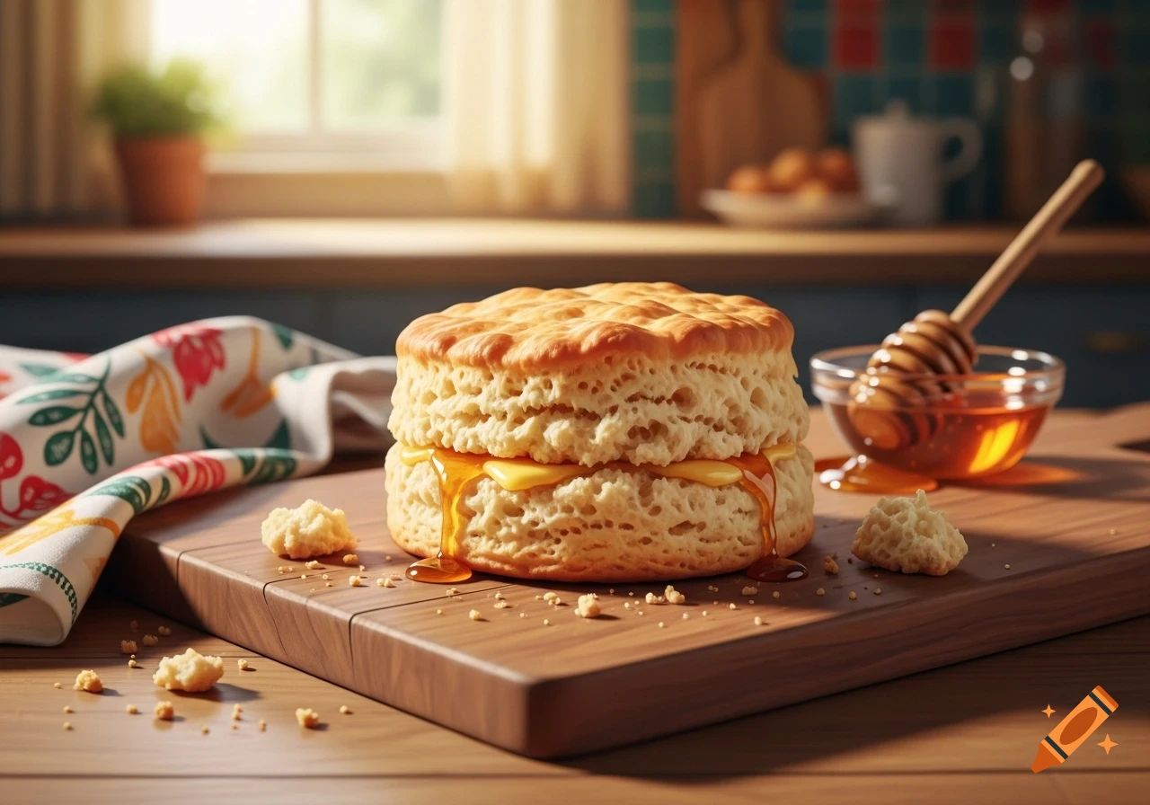 A flaky biscuit split open with a yellow filling and honey drizzling down, on a wooden board in a sunlit kitchen.