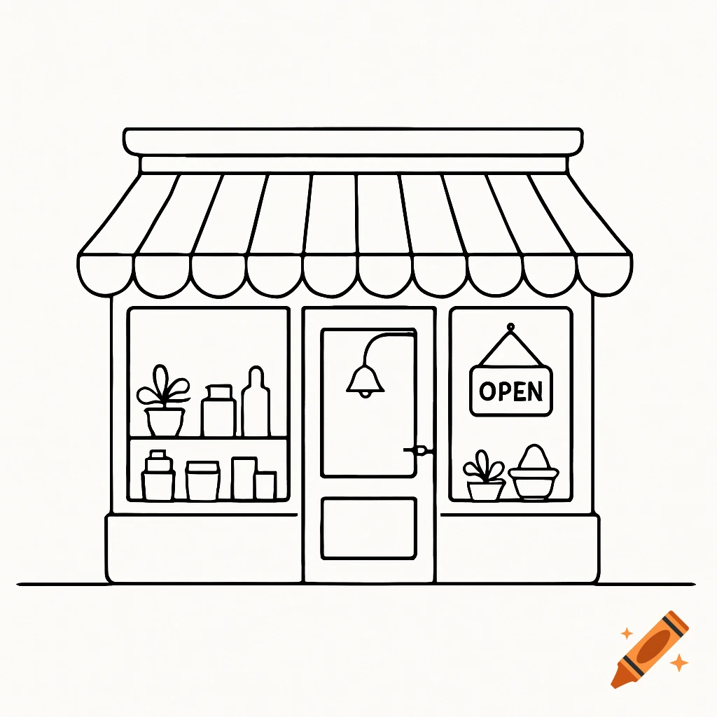 A simple black and white line art illustration of a small shop with an awning and an 'OPEN' sign.