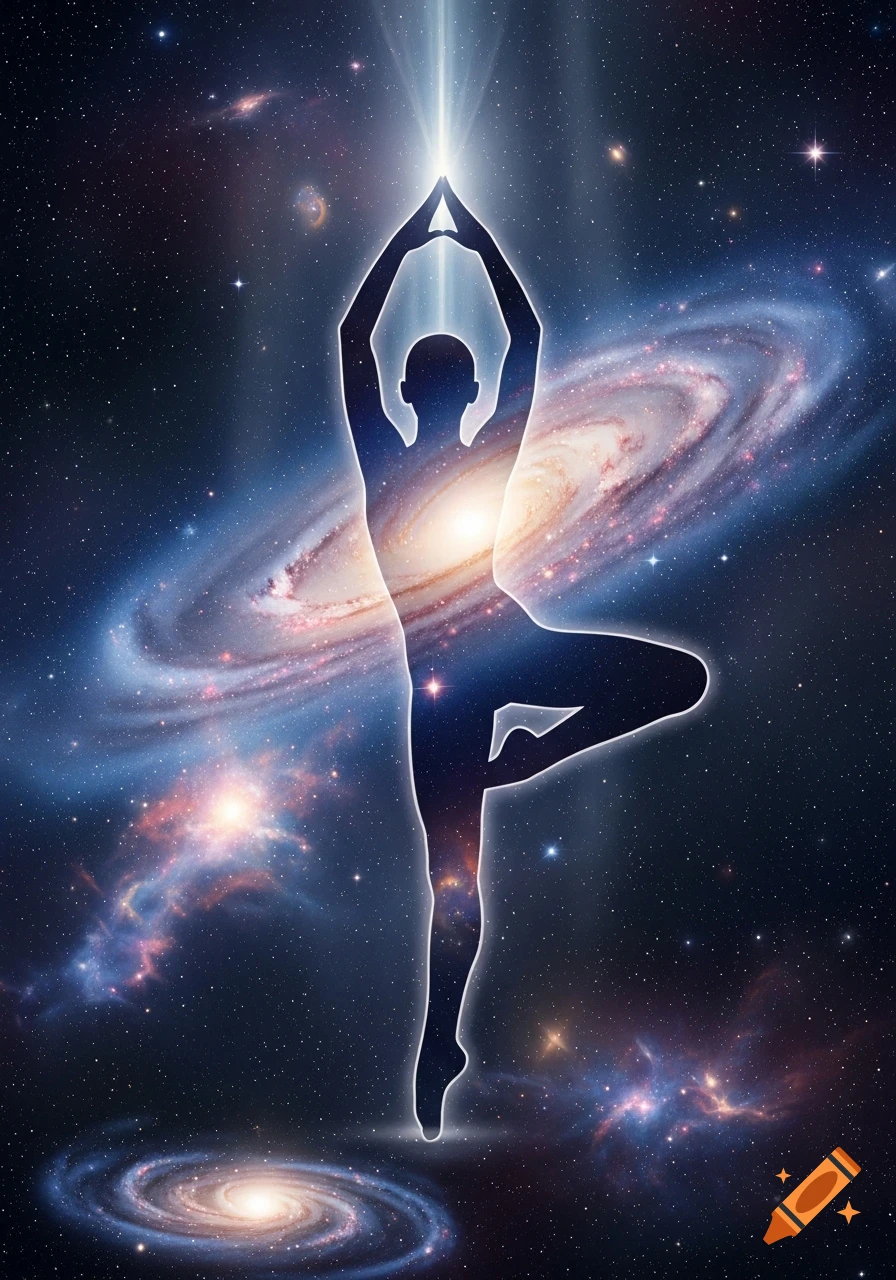 Silhouette of a person in a yoga pose with hands above head, glowing against a cosmic background with galaxies and stars.