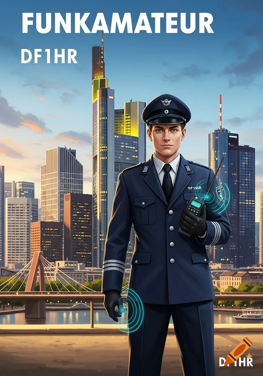 A man in a navy uniform holds a radio against a city skyline with skyscrapers and a bridge.