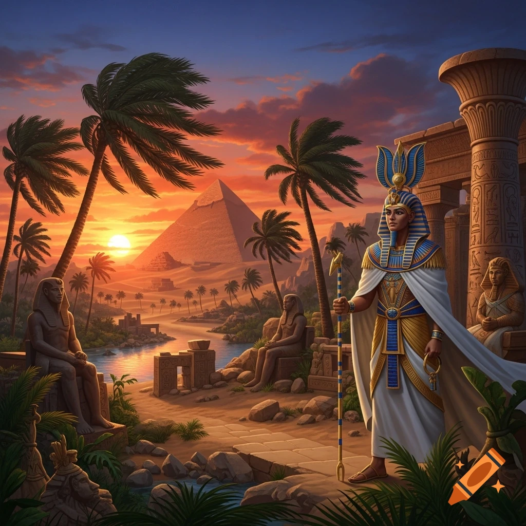 A majestic pharaoh stands before a sunset desert landscape with pyramids, palm trees, and ancient Egyptian ruins.