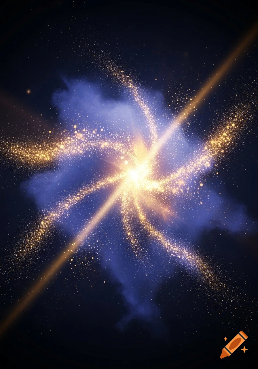 A bright golden light bursts from the center, surrounded by swirling trails of golden sparkling dust and deep indigo cosmic clouds against a dark background.