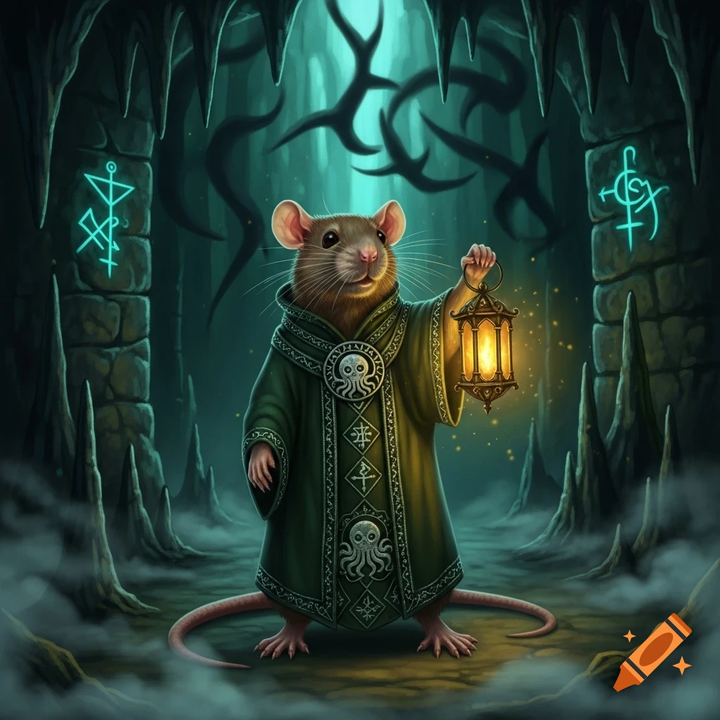 An anthropomorphic rat in a green Cthulhu cultist robe holds a glowing lantern in a dark, mystical cave with glowing runes.