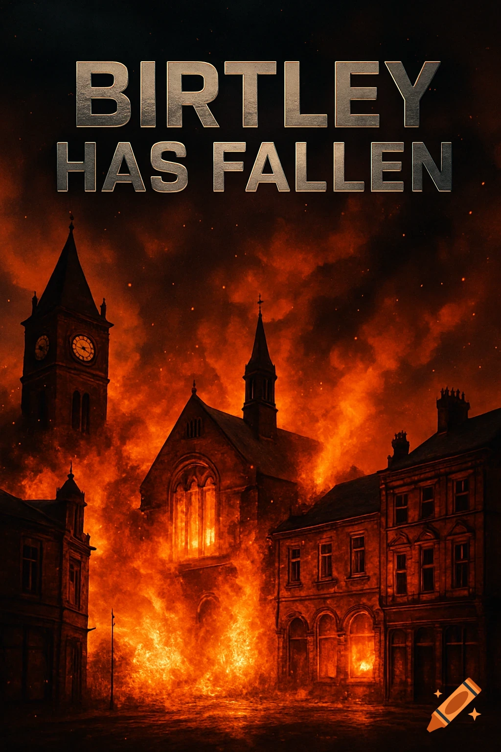 A town center with a clock tower and buildings engulfed in intense flames under a dark, fiery sky. Text reads: BIRTLEY HAS FALLEN.