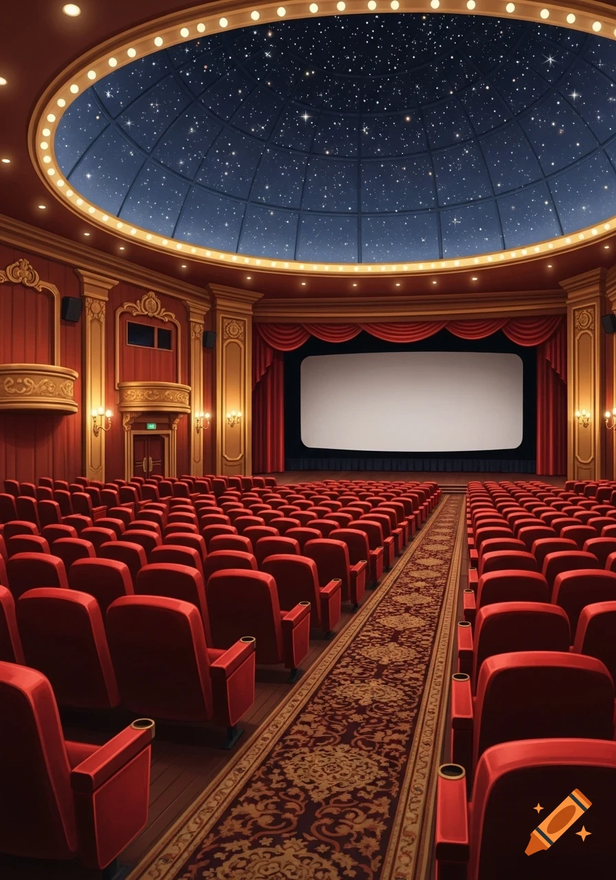 An opulent empty cinema with rows of red velvet seats, a red and gold patterned aisle, and a domed starry night sky ceiling.