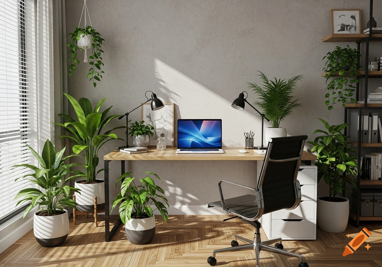 A modern home office with a wooden desk, black office chair, laptop, numerous green houseplants, and natural light from a window.