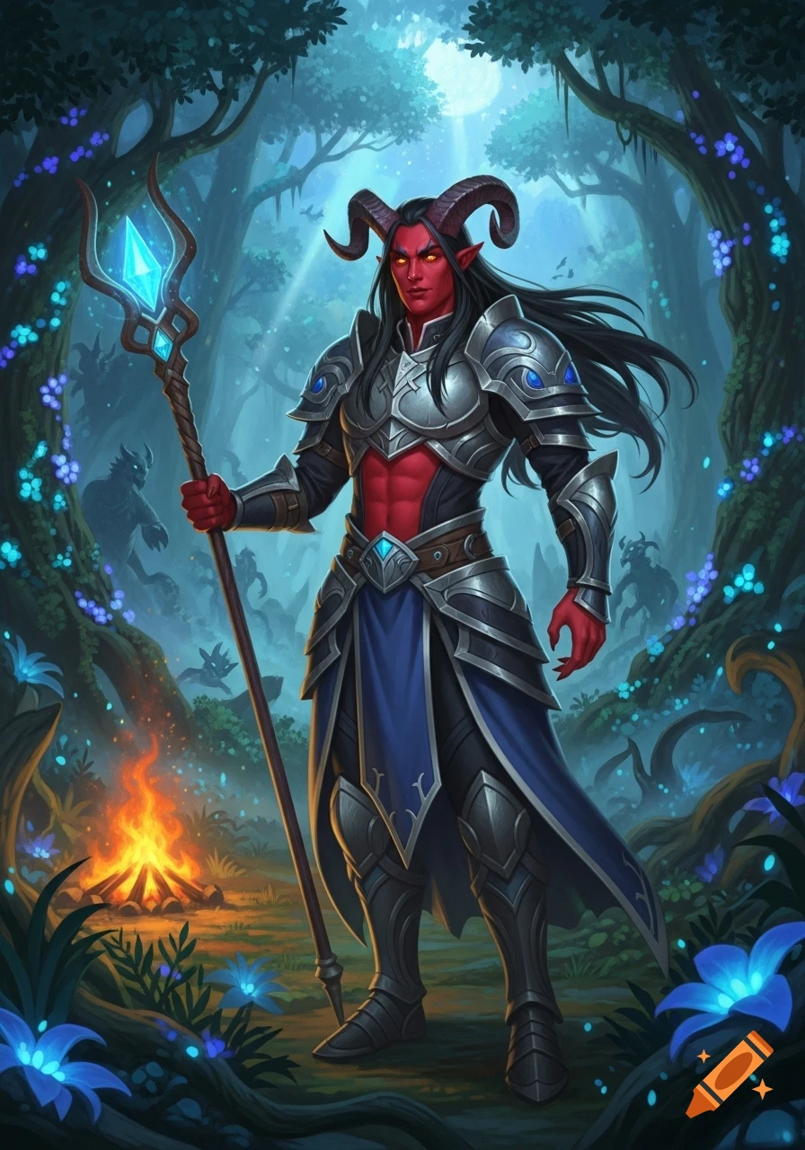 A male tiefling with red skin, horns, and long black hair, wearing silver and blue armor, holds a glowing staff in a magical forest with a campfire.