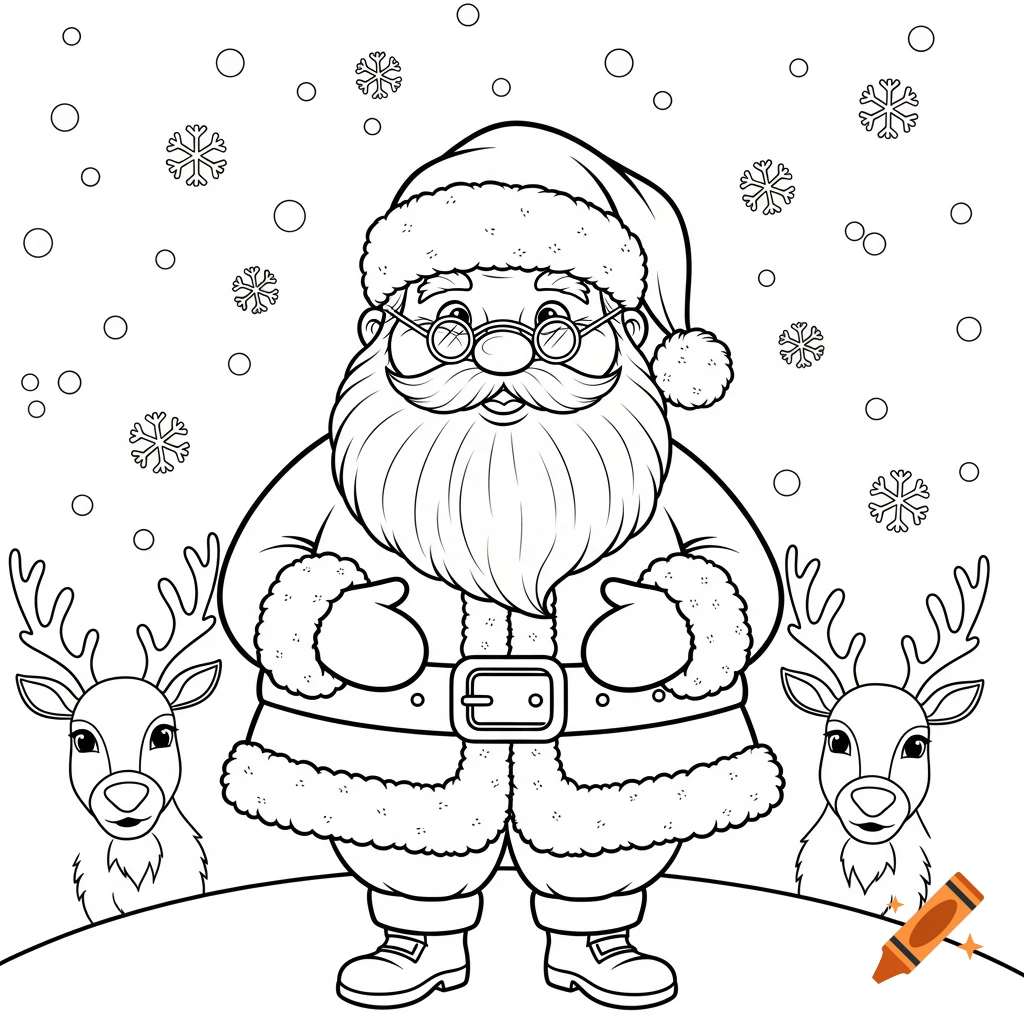 Black and white coloring page of Santa Claus in a snowy scene with two reindeer.