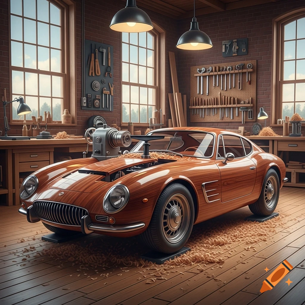 A classic sports car with a polished wooden body sits in a detailed woodworking shop, featuring a lathe mechanism on its hood.