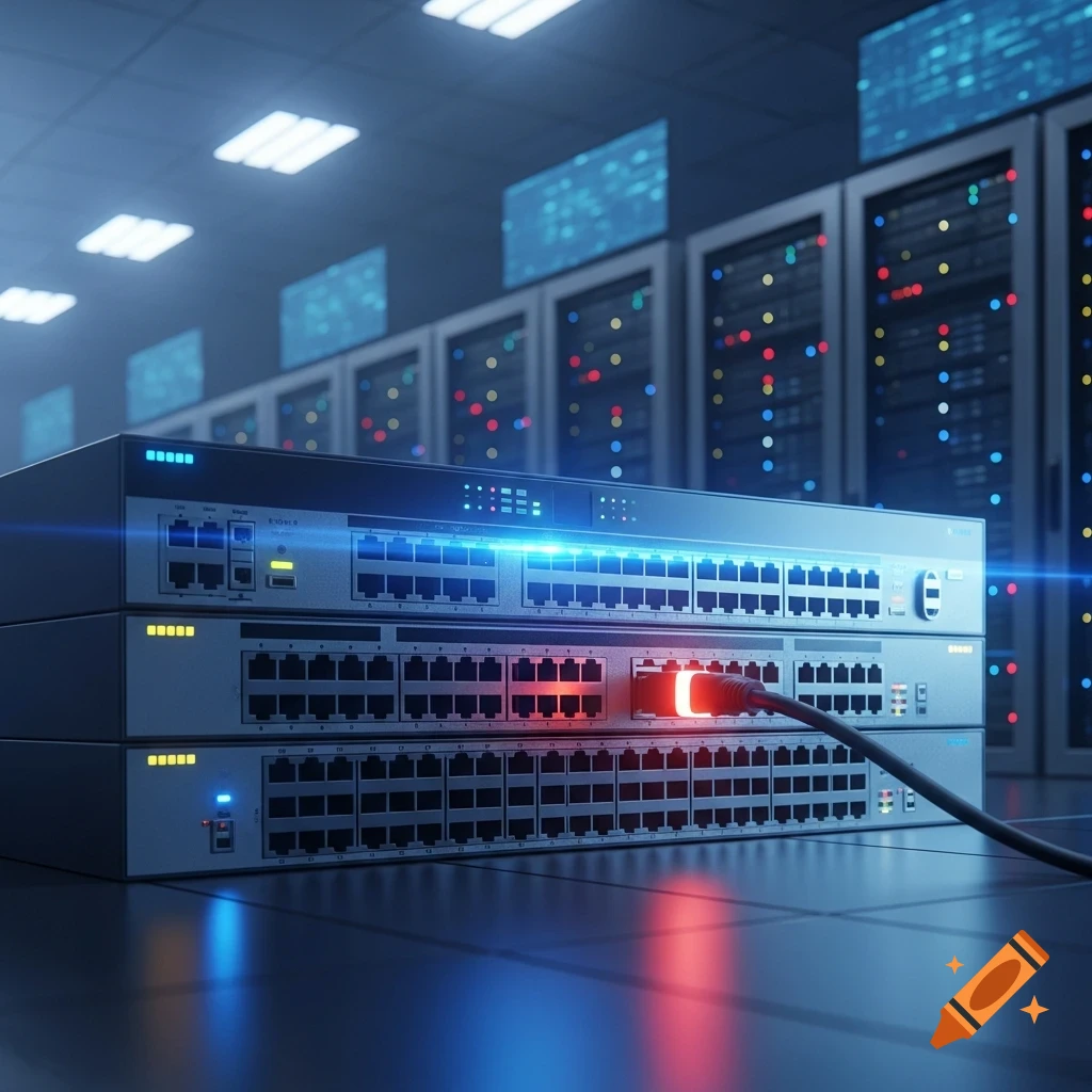 Photorealistic image of stacked network switches with a glowing red cable plugged into one port, in a data center with rows of server racks in the background and blue ambient lighting.