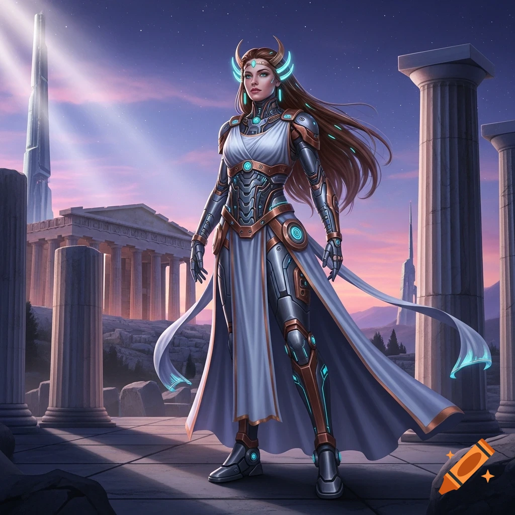 A woman in futuristic armor and a flowing white dress stands among ancient Greek ruins with sci-fi structures under a twilight sky.