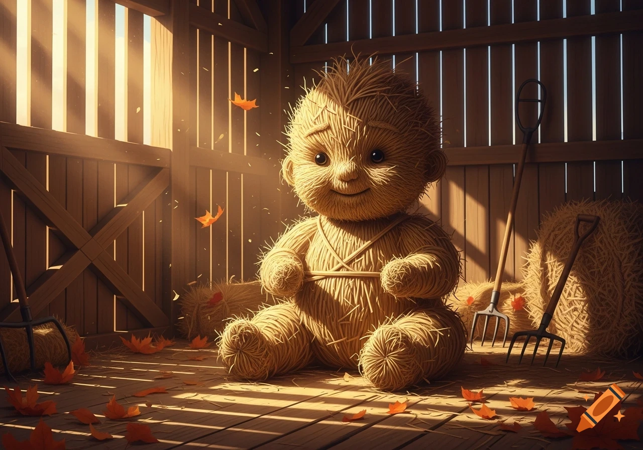 A cute, smiling baby character made of straw sits on a wooden barn floor, illuminated by golden light and surrounded by autumn leaves and farm tools.