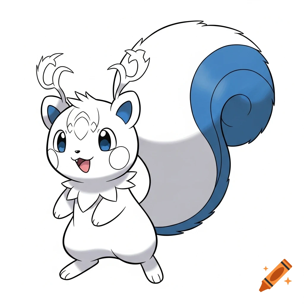 A cute white electric squirrel-like Pokémon creature with blue eyes, blue-striped tail, and antlers, in a happy pose.