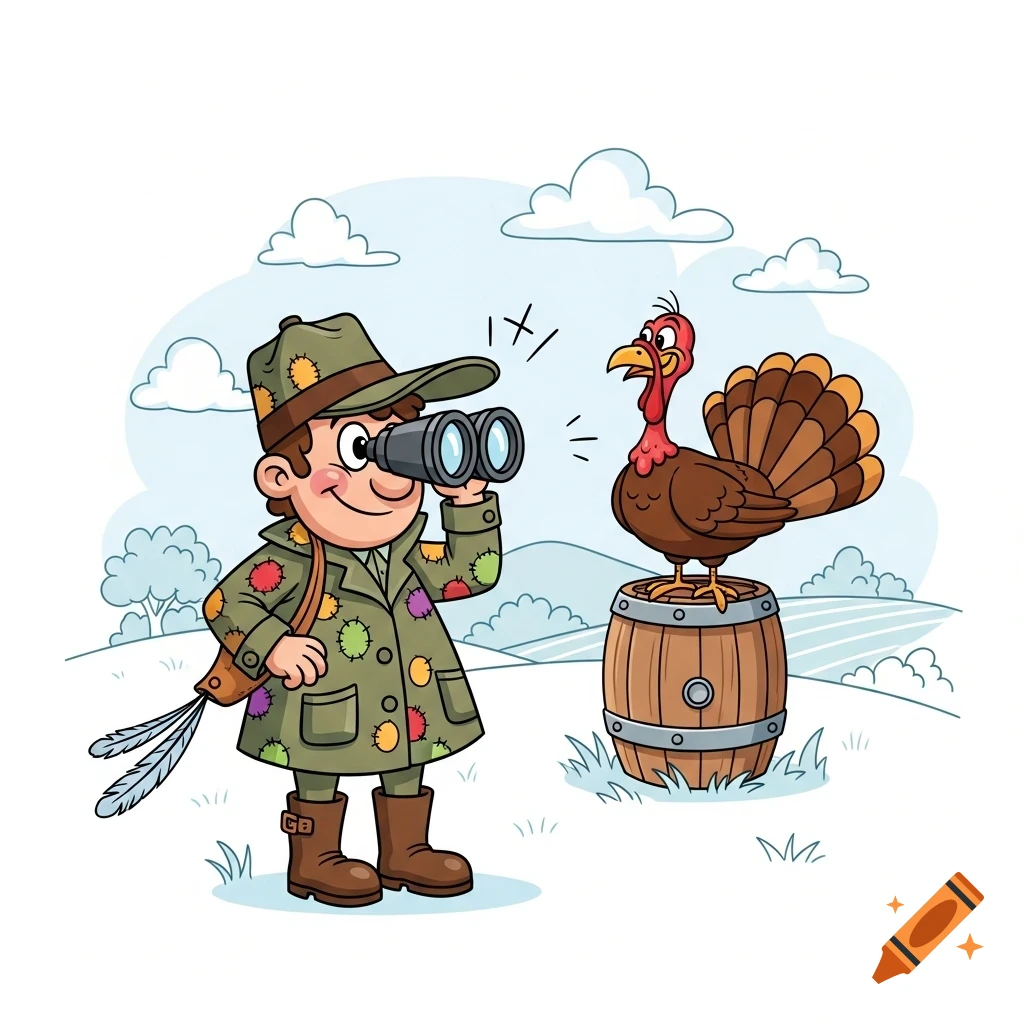 A cartoon hunter in a green hat and coat looks through binoculars at a turkey standing on a wooden barrel in a field.