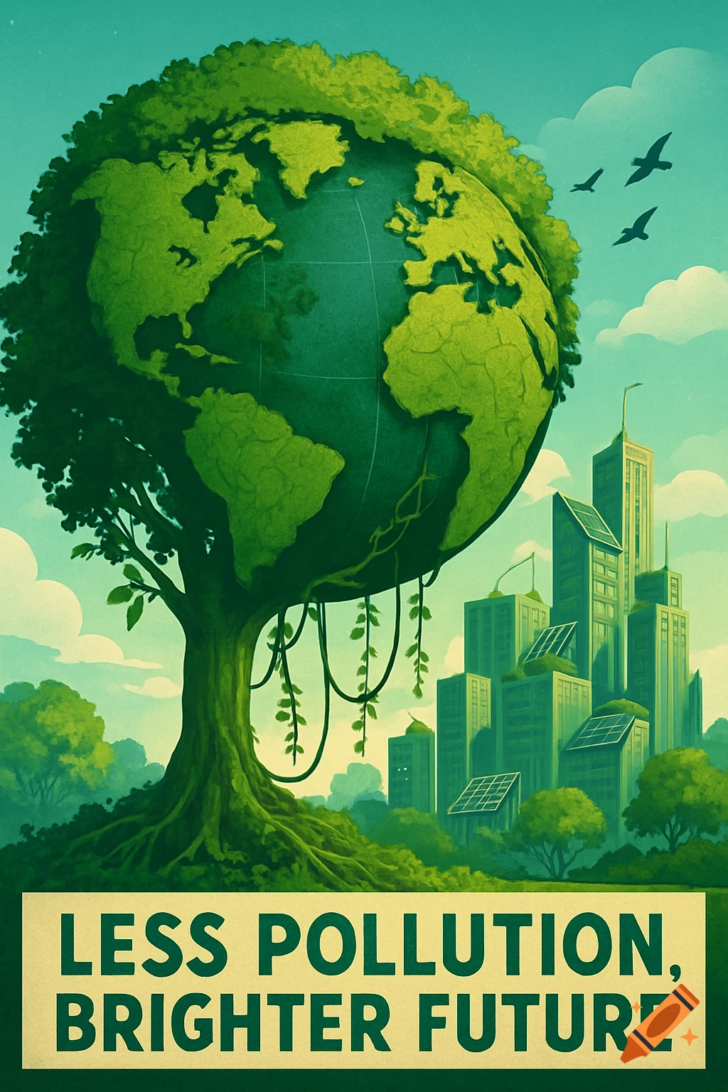 Green Earth as a tree's canopy over a city with solar panels, with text 'LESS POLLUTION, BRIGHTER FUTURE' in a stylized poster.