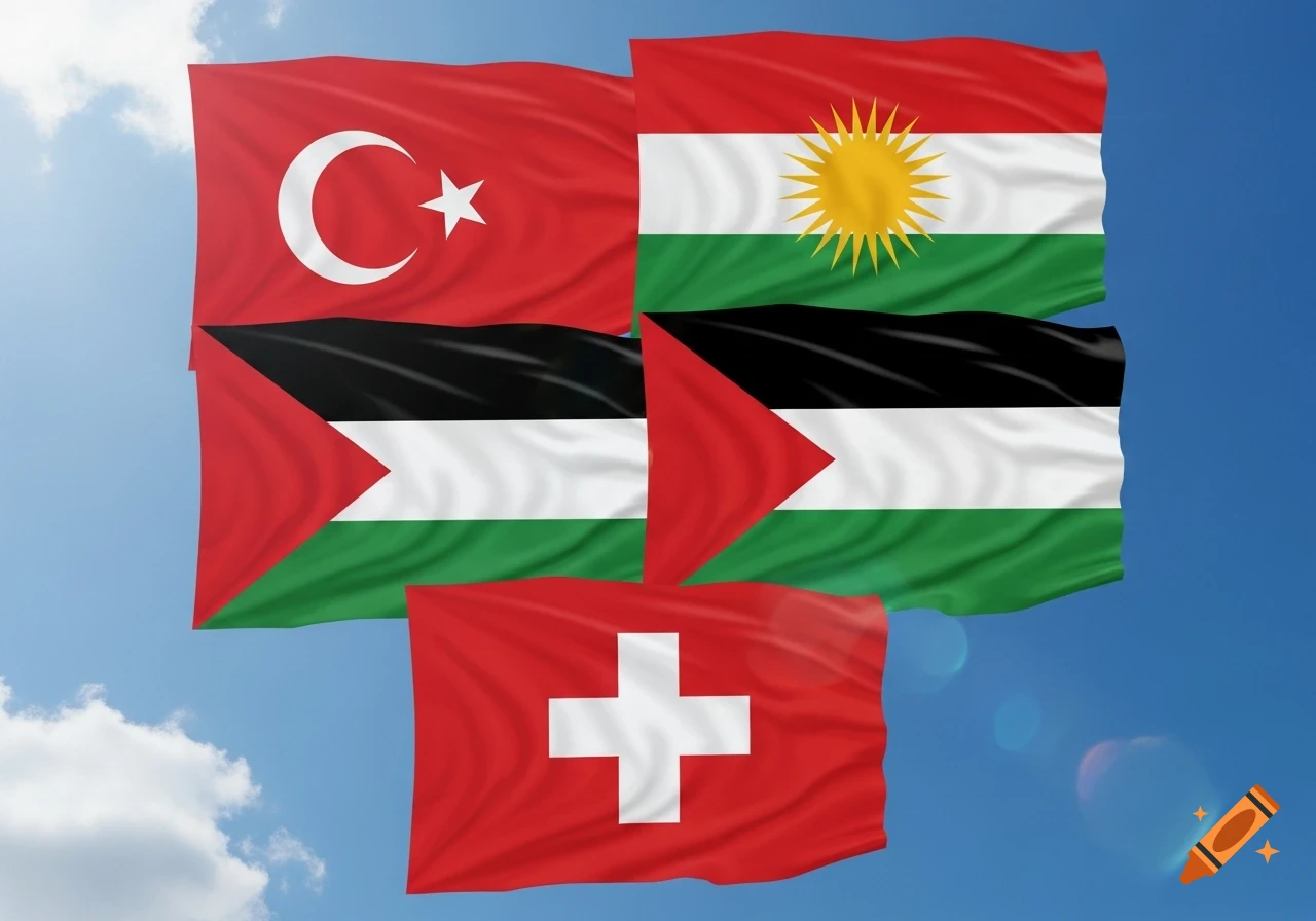 Five national flags, including Turkey, Kurdistan, Palestine (twice), and Switzerland, are arranged against a blue sky with faint clouds.