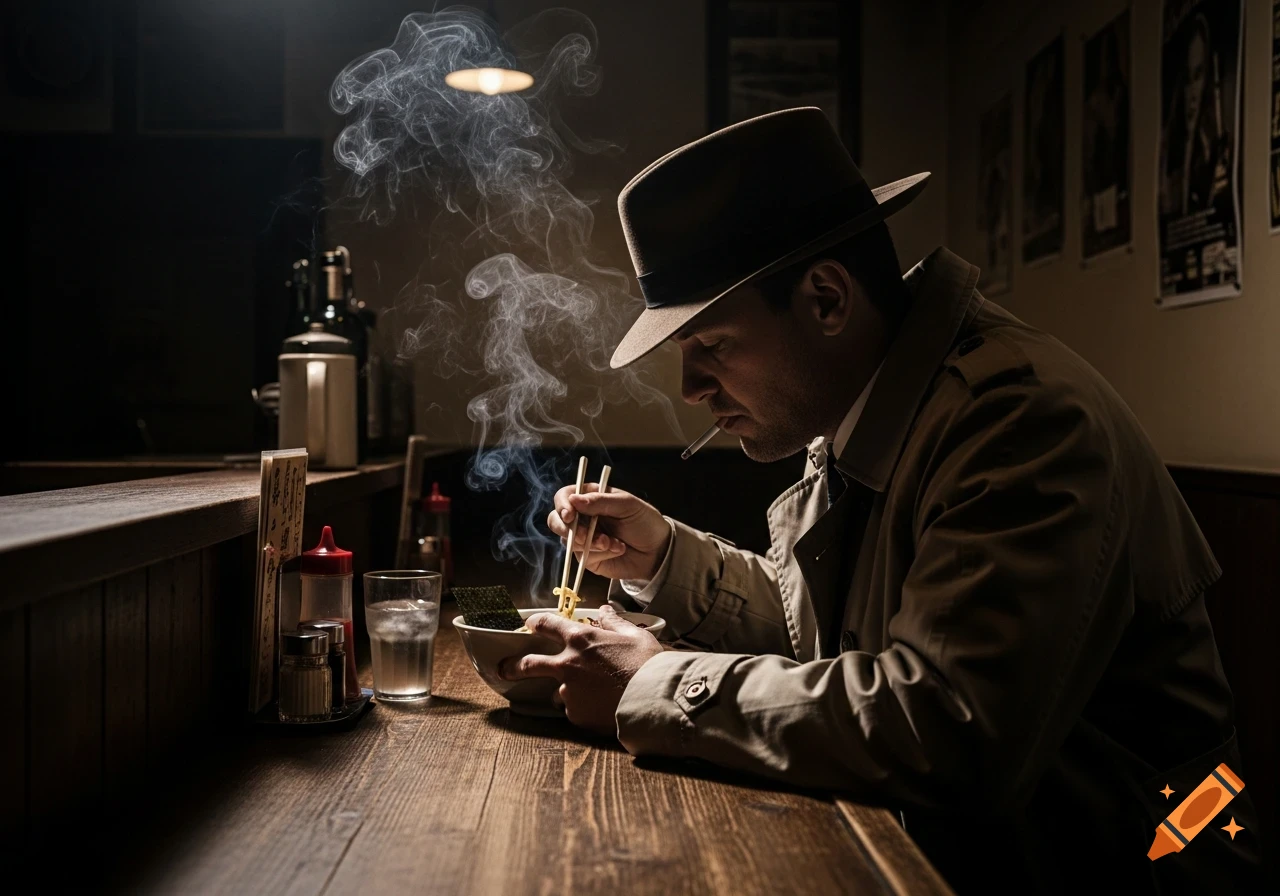 A man in a trench coat and fedora smokes a cigarette while eating ramen at a dark bar counter, dramatic lighting.