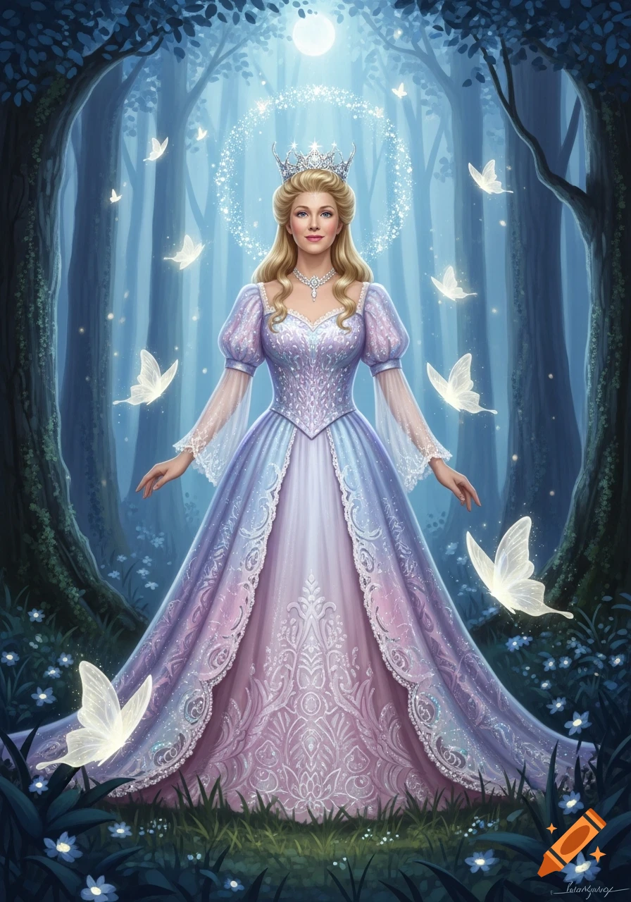 A regal woman in a shimmering purple gown and crown stands in an enchanted forest with glowing butterflies and a full moon.
