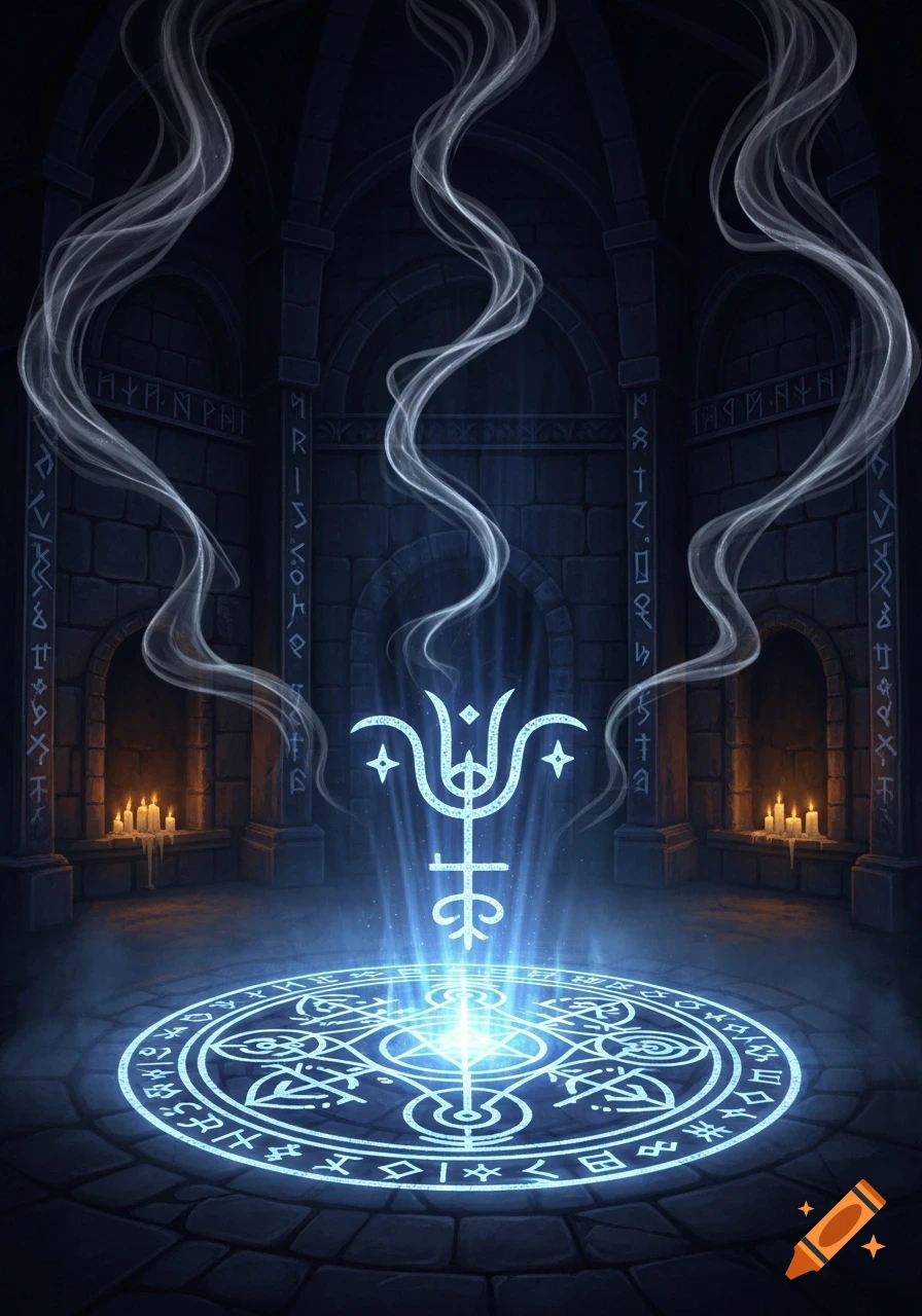 A dark stone ritual chamber with a glowing blue magic circle on the floor, an ethereal sigil hovering above it, and smoke rising.