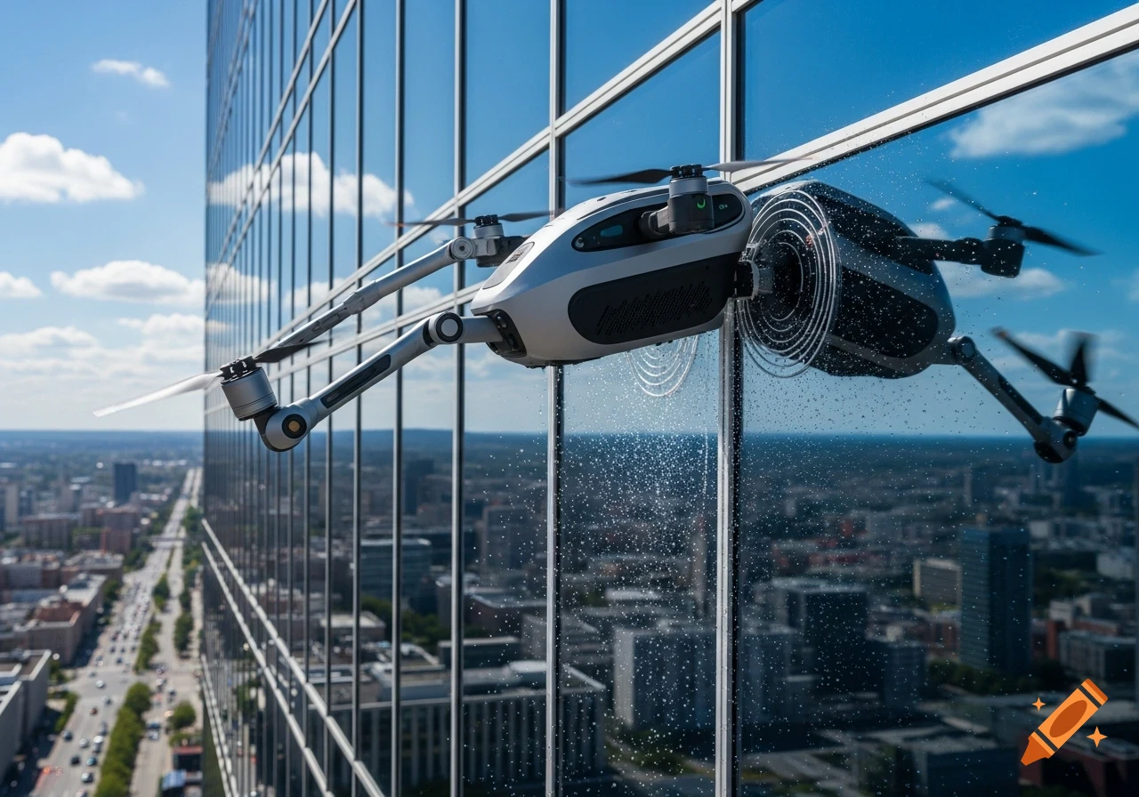 A futuristic drone with spinning brushes cleans a skyscraper window, overlooking a city.