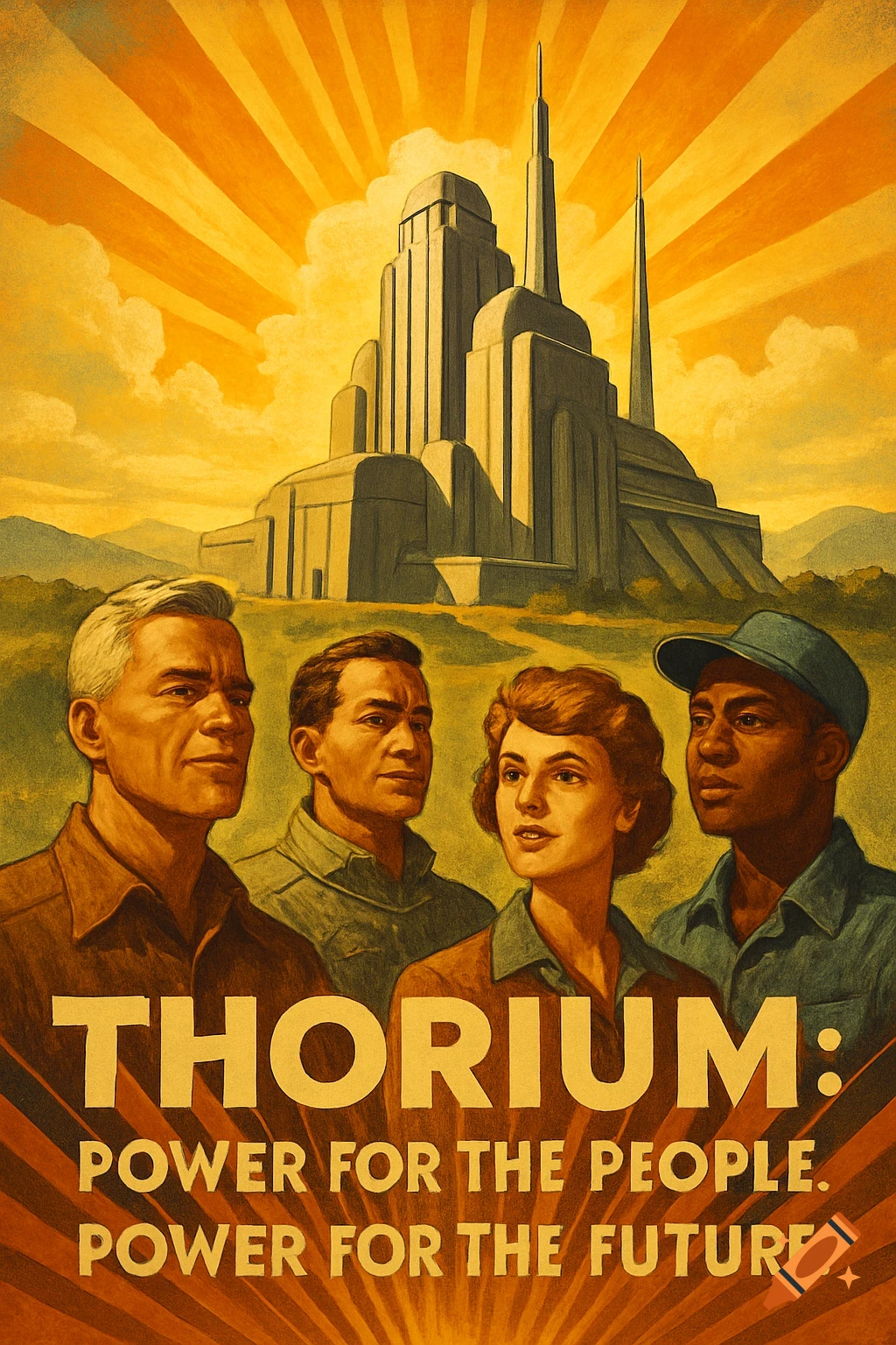 Retro propaganda poster of four diverse people looking at a futuristic building under a sunburst sky, with text about Thorium power.