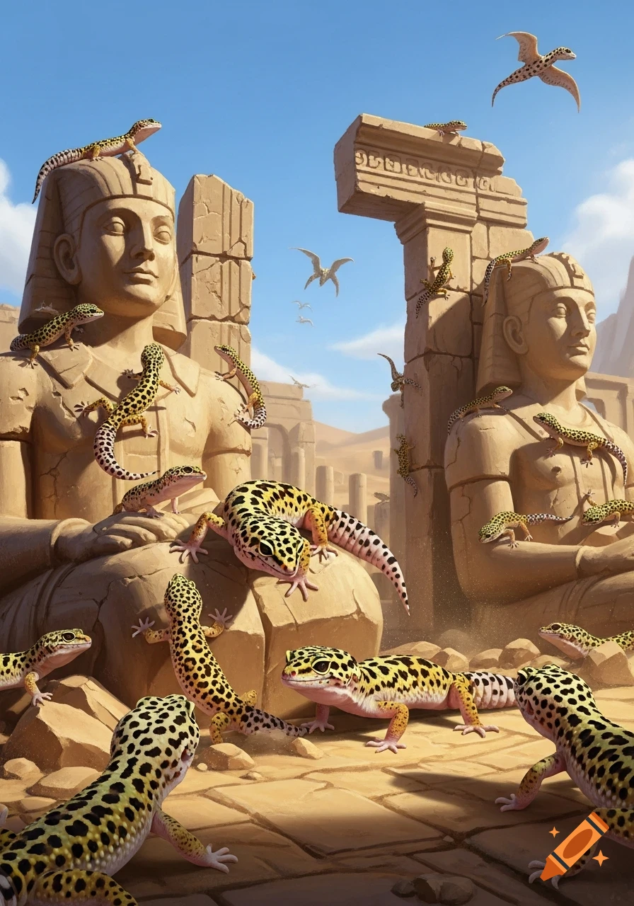 Many leopard geckos swarm over weathered ancient Egyptian statues and desert ruins under a bright blue sky with small flying creatures.