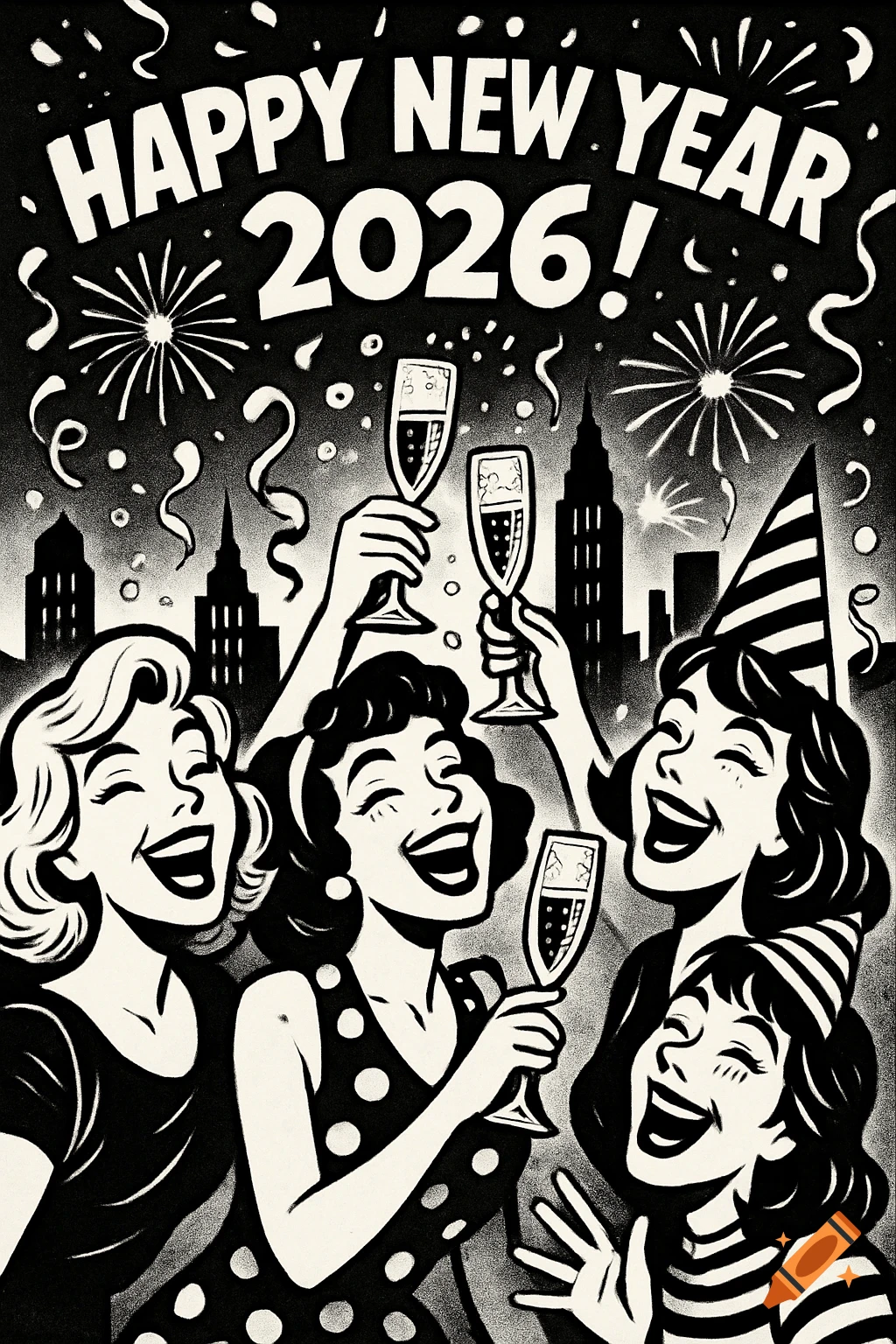 A black and white comic-style illustration of happy women celebrating New Year 2026 with champagne and fireworks over a city skyline.