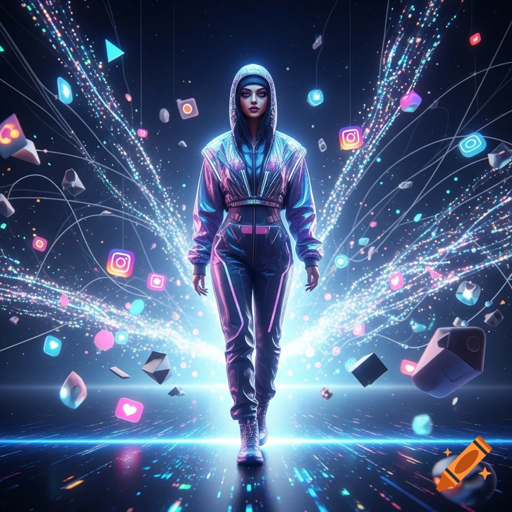 A woman in a neon-accented cyberpunk suit walks on a reflective surface, surrounded by glowing social media icons and digital light trails.