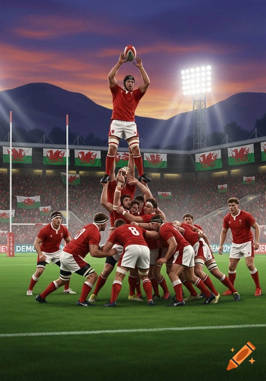 Rugby players in red jerseys forming a lineout on a field during a game at sunset, with stadium lights and Welsh flags in the background.