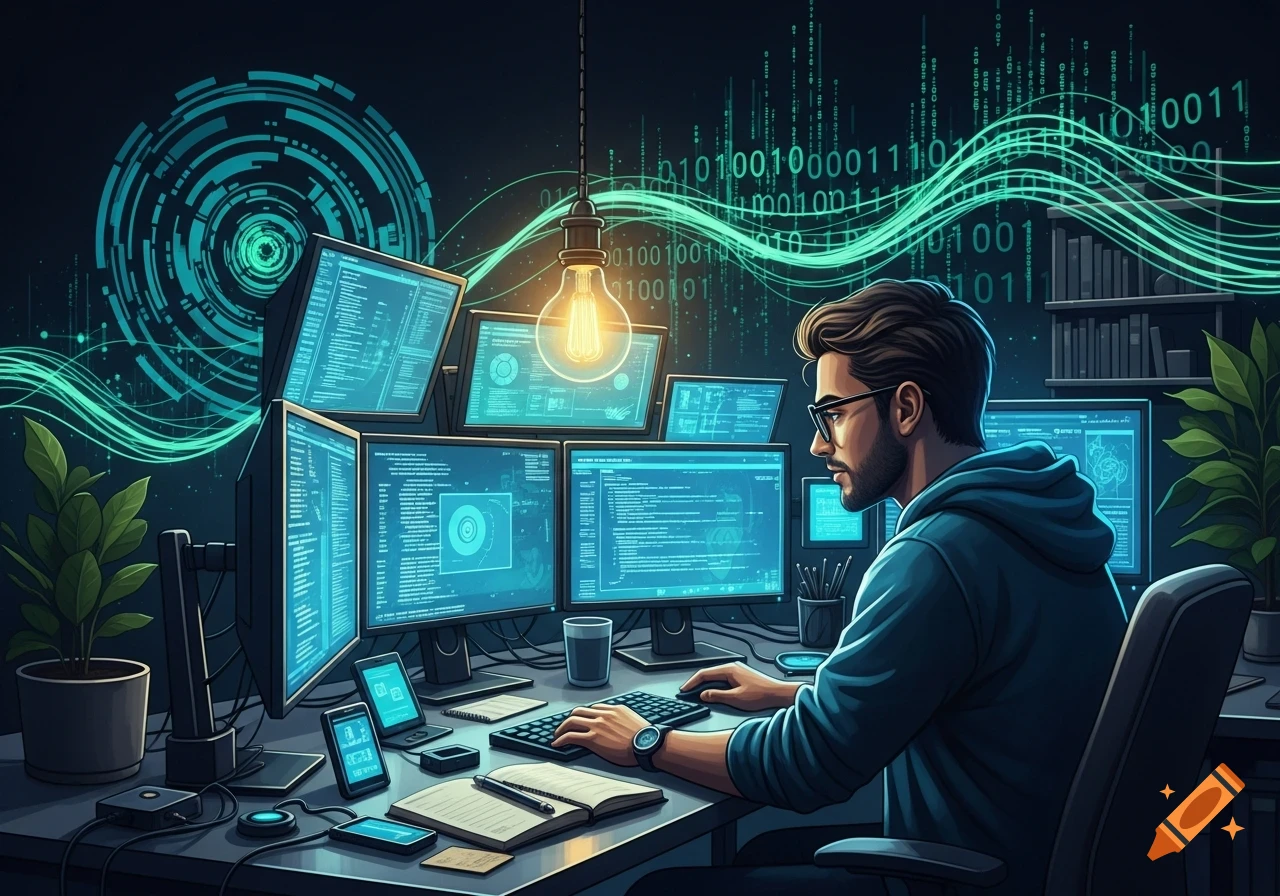 A stylized male programmer with glasses codes at a desk with multiple screens and digital data in the background.