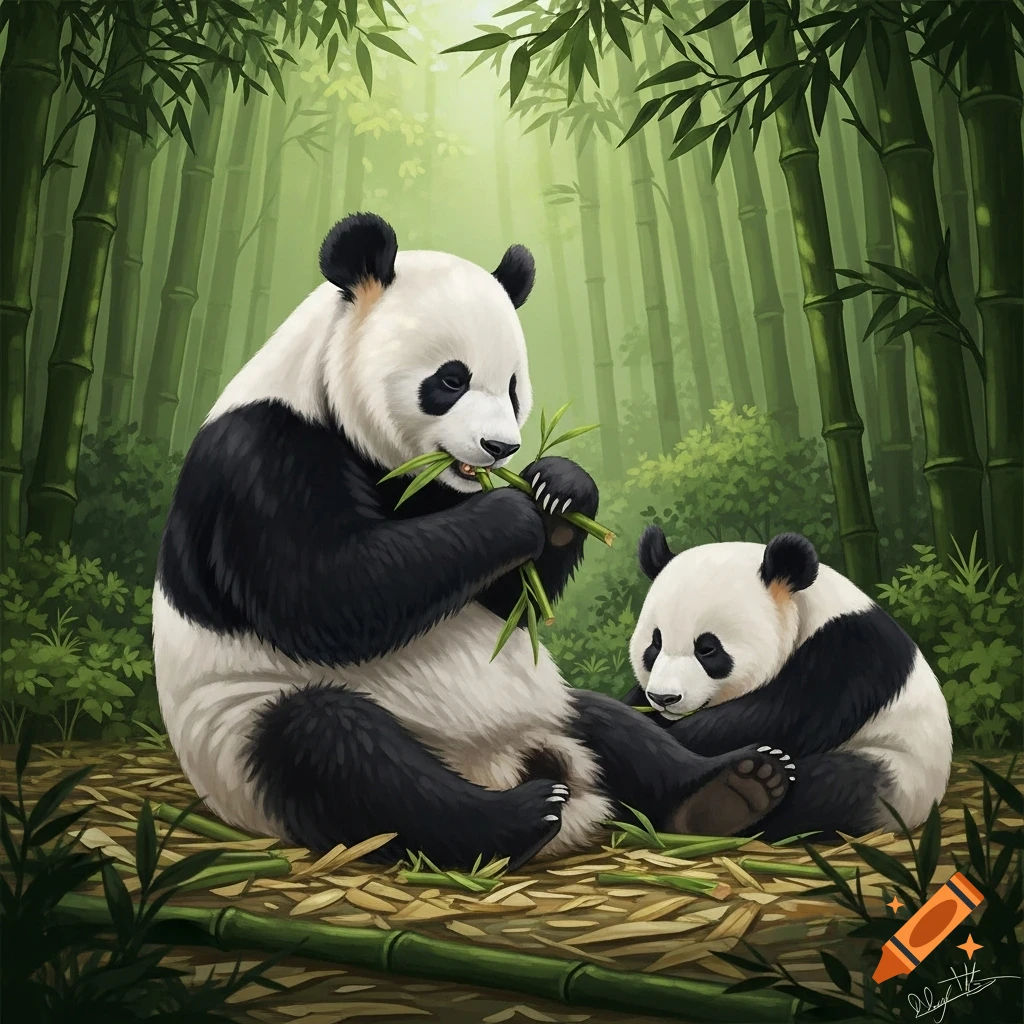 A large panda sits eating bamboo while a smaller panda cub sleeps nearby in a lush bamboo forest.
