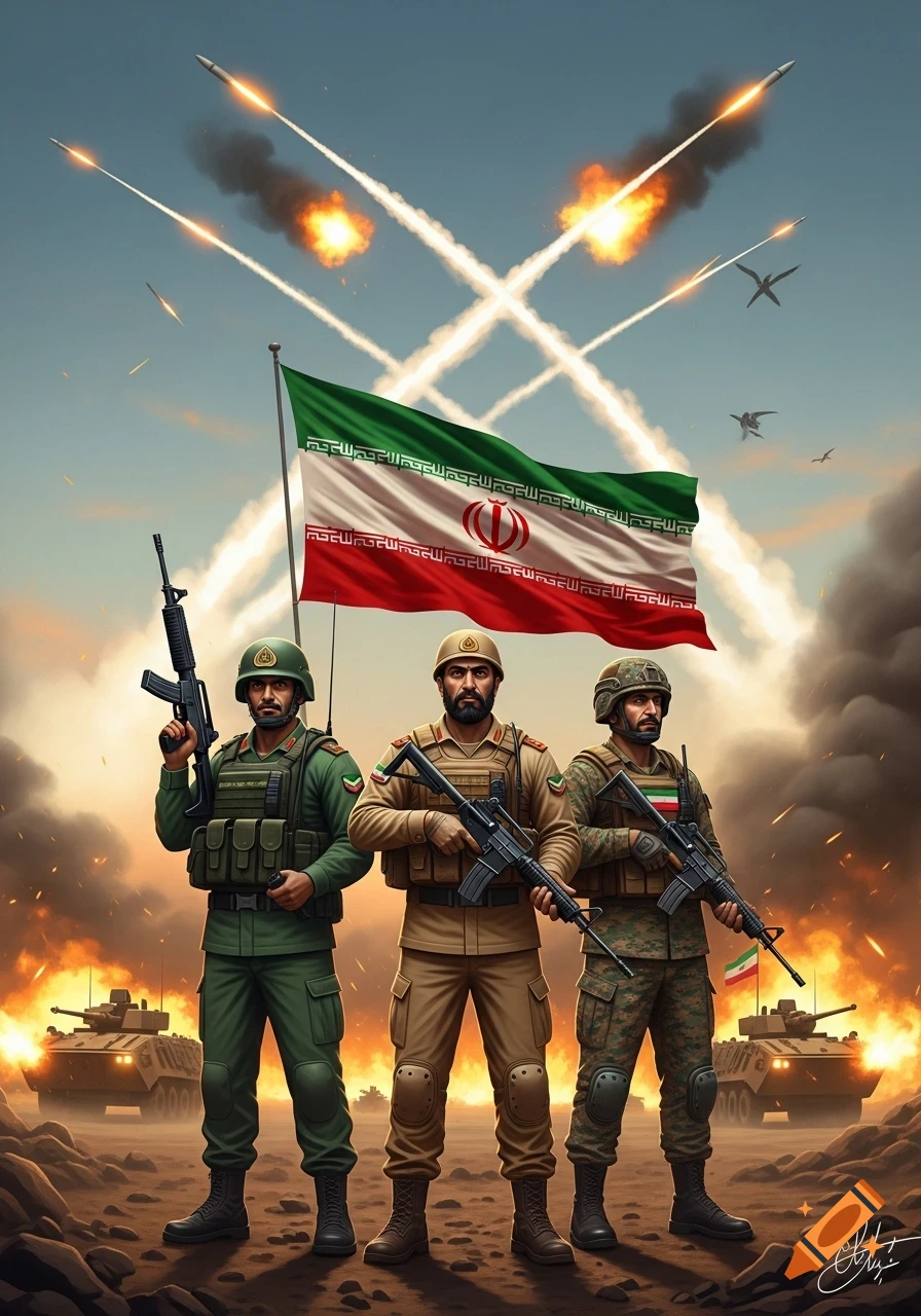 Three Iranian soldiers stand with rifles in a dramatic military scene, with the Iranian flag waving behind them and missiles launching into the sky amidst explosions and tanks.