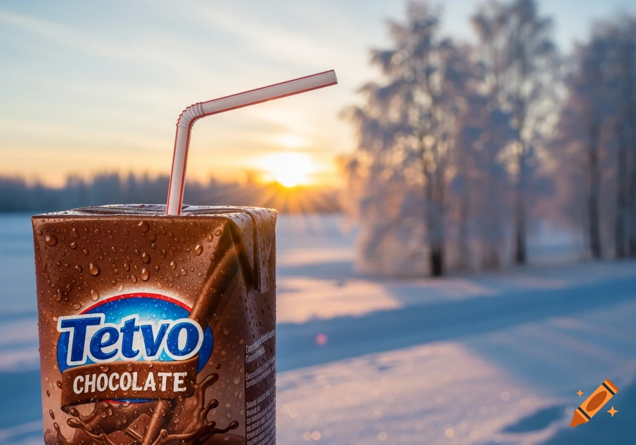A chocolate milk carton with a straw, covered in condensation, stands in a snowy winter landscape under a sunset sky.