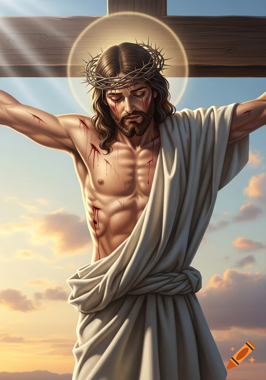 Hyper-realistic illustration of Jesus Christ on a cross, wearing a crown of thorns, with stylized wounds, and a tender expression.