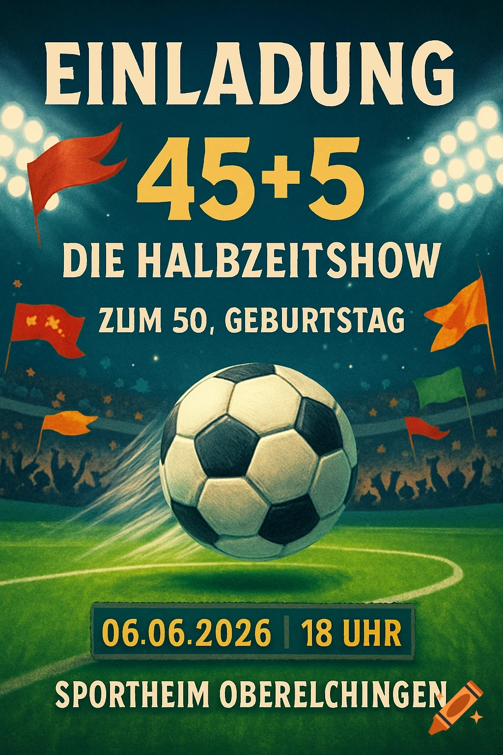 Illustrated football-themed invitation poster for a 50th birthday, set in a stadium with a soccer ball, date, time, and location.
