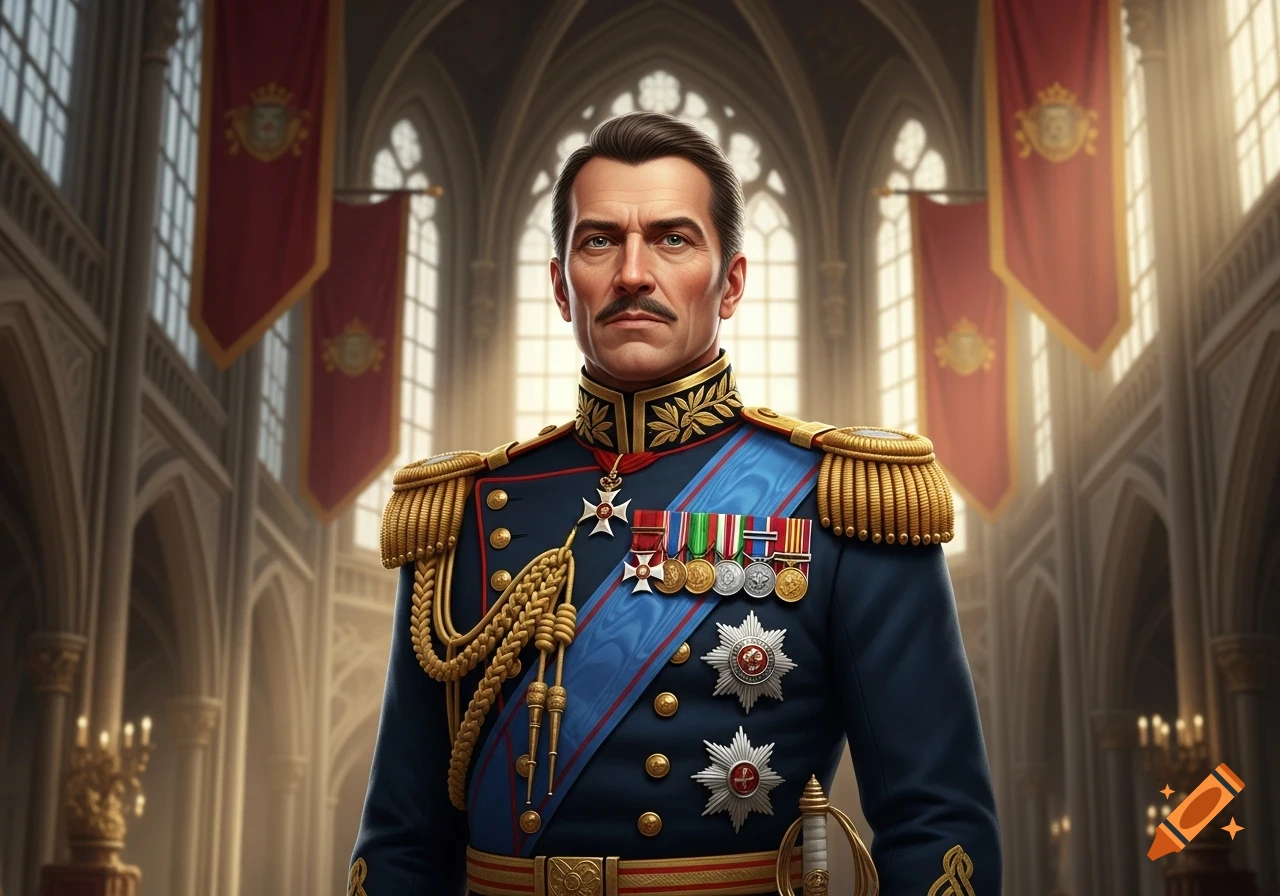 Photorealistic portrait of a stern man in an ornate blue and gold military uniform adorned with medals, standing in a grand hall.