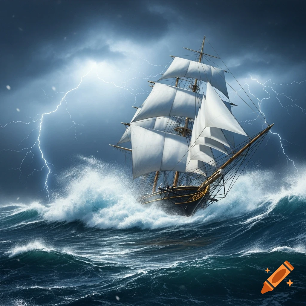 A schooner with white sails battles huge waves during a stormy night with lightning flashes on the open sea.