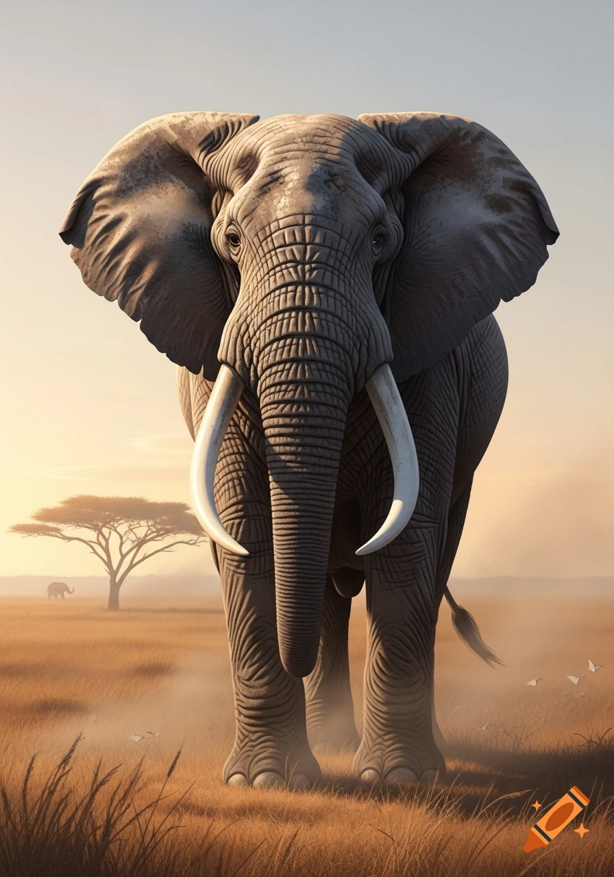 A large, photorealistic elephant stands in a golden savanna with an acacia tree and another elephant in the distance under a warm sky.